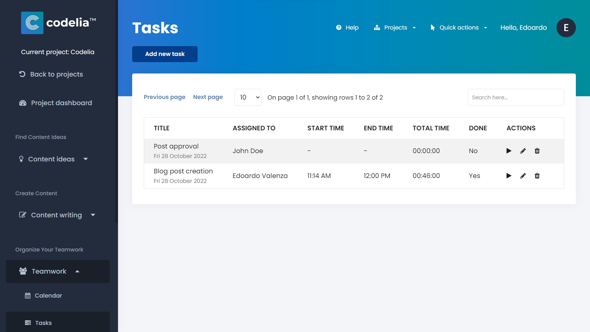 Codelia tasks management