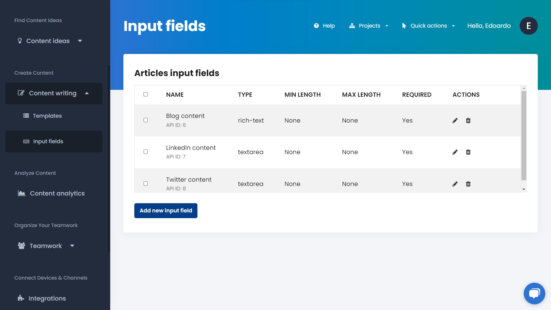 Codelia input fields